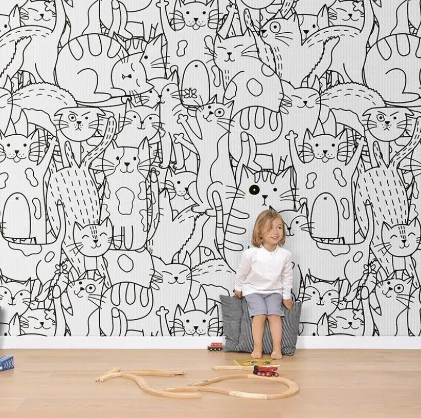 Custom Environmental protection modern line character abstract children\'s room room cat cute pet shop wallpaper for wall paper