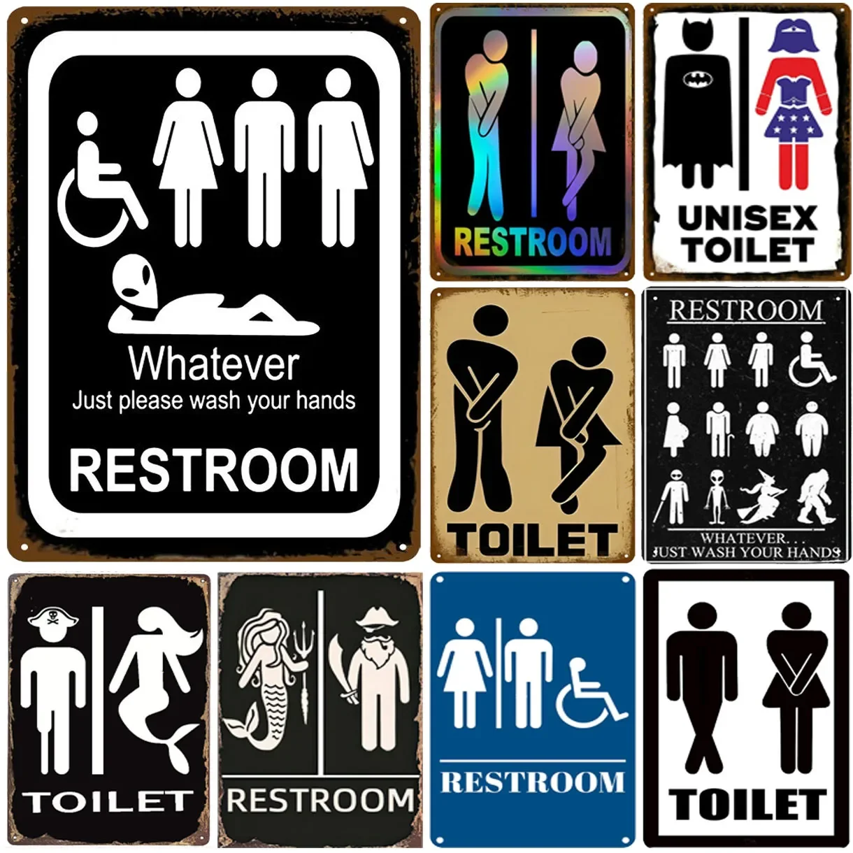 Unisex Toilets Sign Funny Vintage Tin Sign Bathroom Decorations, Retro Restroom Plaque for Bar Cafe Home Wall Poster 12x8 Inches