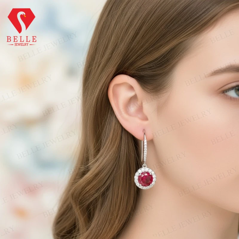 Boucles d'oreilles rondes en pierres précieuses cultivées en laboratoire, 2,4 à 5,5 ct, rubis, colombie, longues clous d'oreilles pour femmes, cadeau de Thanksgiving, hypoallergénique