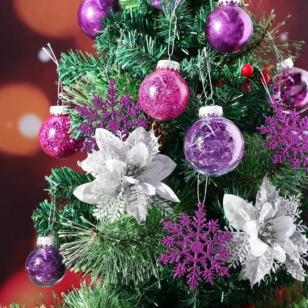 طقم زينة كرة عيد الميلاد مكون من 74 قطعة مقاومة للكسر باللون الأرجواني مع رقاقات الثلج والأشرطة والبونسيتة وطبقة شجرة