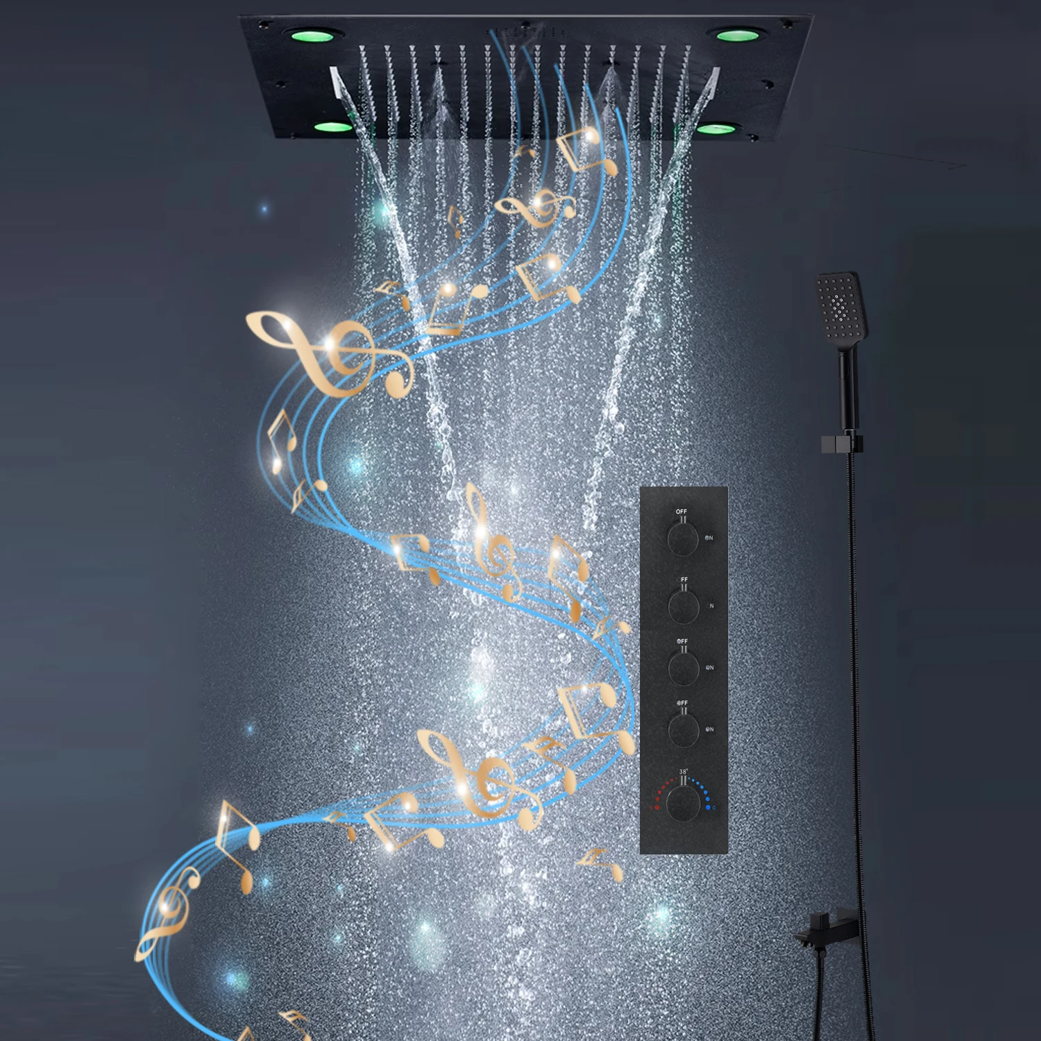 Music Shower Faucets Set 24 inch LED 3 Functions Square Shower Head Rain Waterfall Mist  Bathroom System Thermostatic