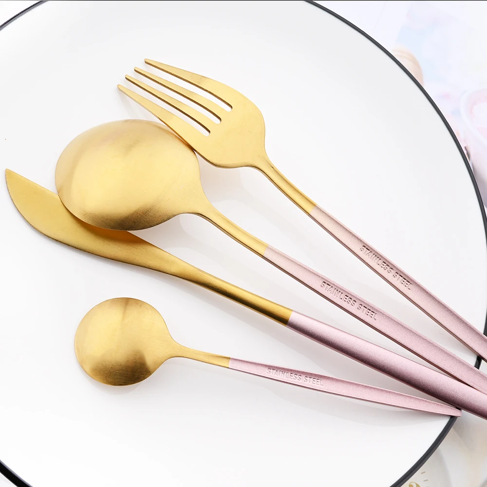 Vintage Rose Dinnerware Set 6/30pcs Stainless Steel Cutlery Set Matte Knife Fork Coffee Spoons Flatware Kitchen Tableware Set