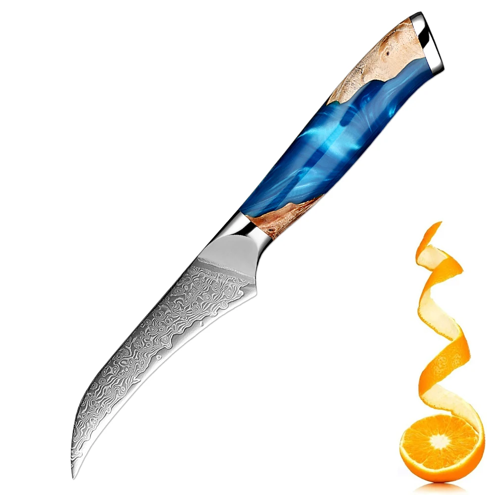 Japanisches 3,5 Zoll gebogenes Schälmesser aus Damaststahl, scharfes professionelles Küchenobstmesser, blauer Harzstabilisierter Holzgriff