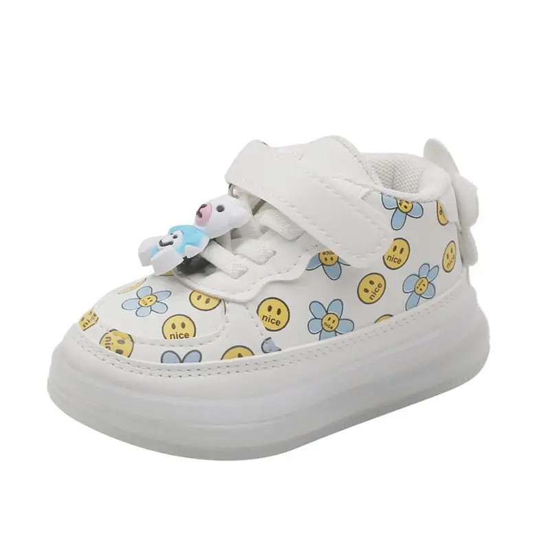 New Baby Kids Toddler Shoes Leather Board Shoe Smile Strawberry Printed LED Luminous Sneakers Casual Shoes for Girls Age for1-6