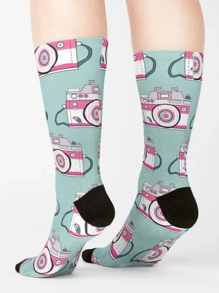Retro Pink Camera Pattern Socks Set para homens e mulheres, Fashion Socks
