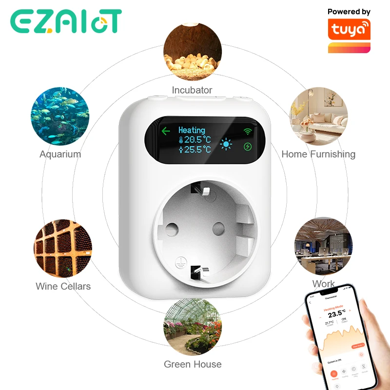 

Smart WIFI Outlet Thermostat 16A Plug Boiler Heating Fan Cooling Tuya Temperature Controller with Alexa Google Home 3M Sensor