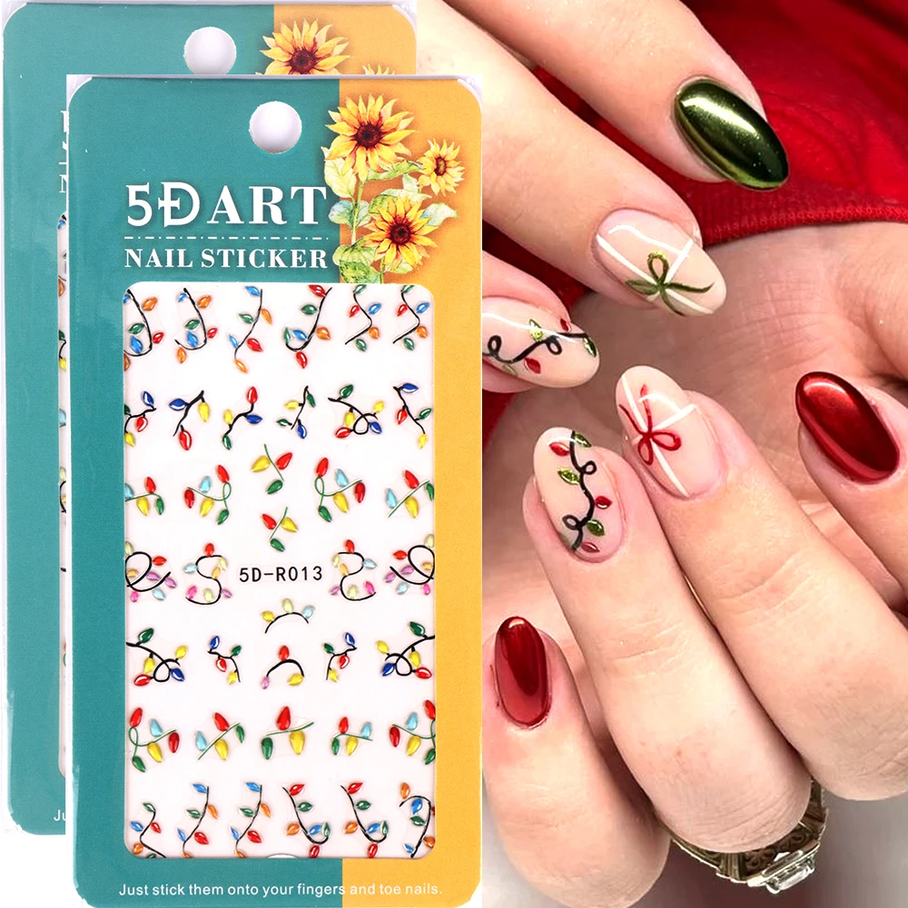 

2 шт., рождественские наклейки для дизайна ногтей, 5D тисненые красочные огни, наклейки для ногтей, слайдер, фестивали, маникюрные украшения, принадлежности для ногтей