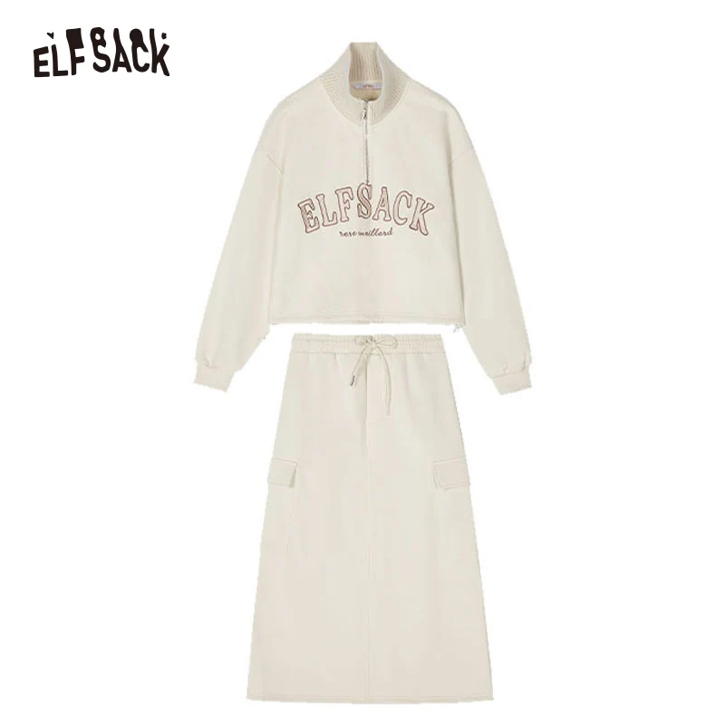 ELFSACK Fleece Pullover Skirt Sports Suit Women 2023 Winter Loose Casual Wear