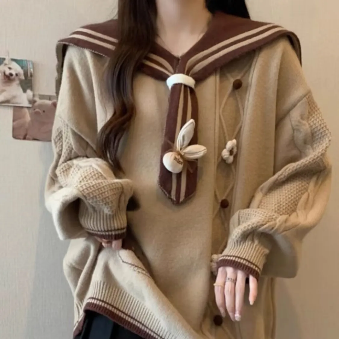 

Женский вязаный свитер с матросским воротником, новинка 2025, осень-зима, вязаный пуловер с длинными рукавами, милый студенческий свободный вязаный свитер