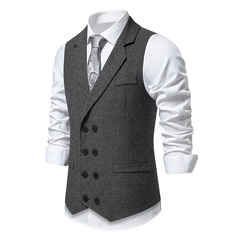 New Men\'s Smart Casual Suit Vests Vintage Solid Color Double Breasted Turn Down Collar England Style Waistcoat Men Slim Fit Vest