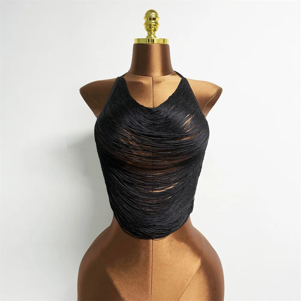 Fringe Halter Crop Top Women Sexy Hollow See Through Backless Camisole Clubwear for Festival Party Y2K Fashion Trend Tank Top