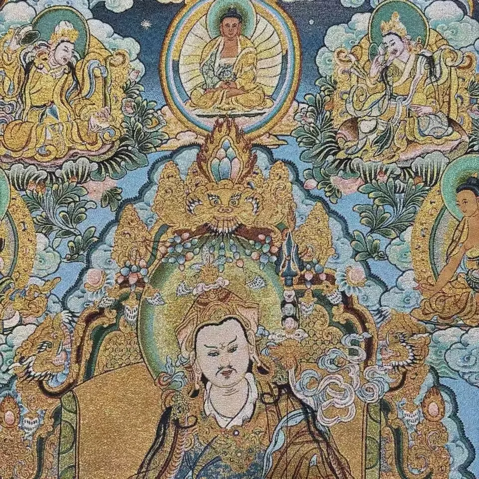 Thangka Embroidery Silk Brocade Padmasambhava Sitting Buddha 12 Patterns Thangka Hanging Screen Worship Buddha Tangka Painting