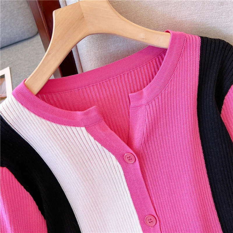 V Neck Cardigan Sweater Women 2023 Spring Autumn Contrast Color Long Sleeve Knitted Tops Female Korean Style Clothes Pull Femme