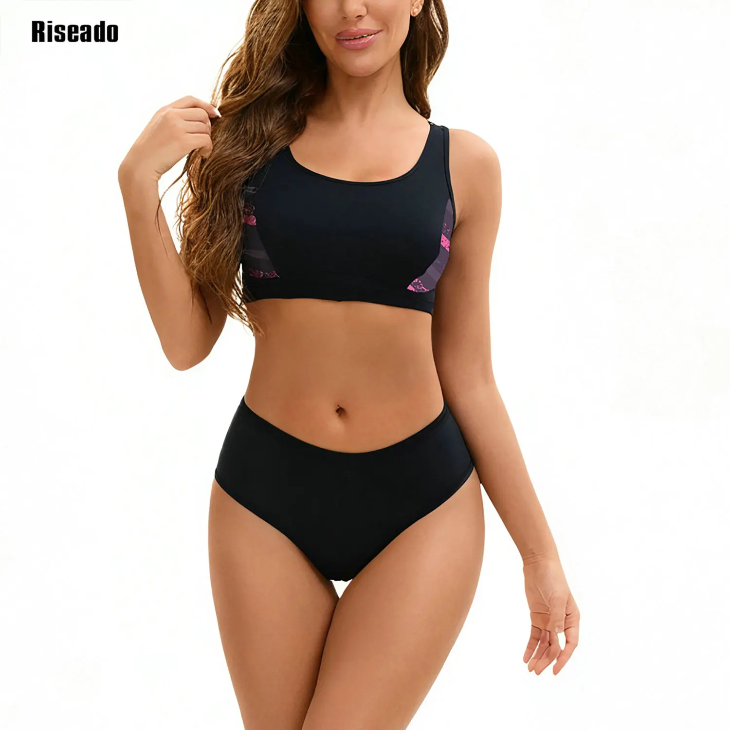 

Женский комплект танкини с высокой талией, спортивный купальный костюм из двух предметов, скромный купальник-борцовка, укороченный топ Midkini с круглым вырезом