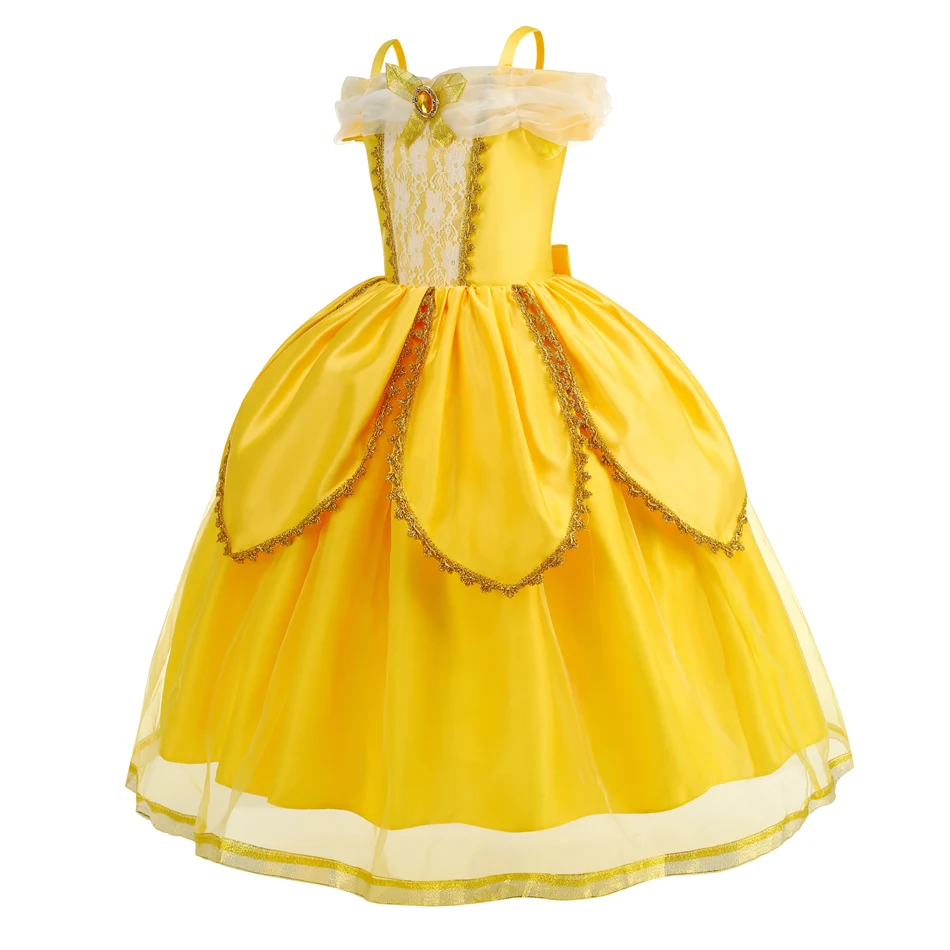 Girls Yellow Princess Dress Belle Cosplay Costume Off Shoulder Gold Trim Ball Gown for Kid Birthday Party Gift Halloween Cosplay