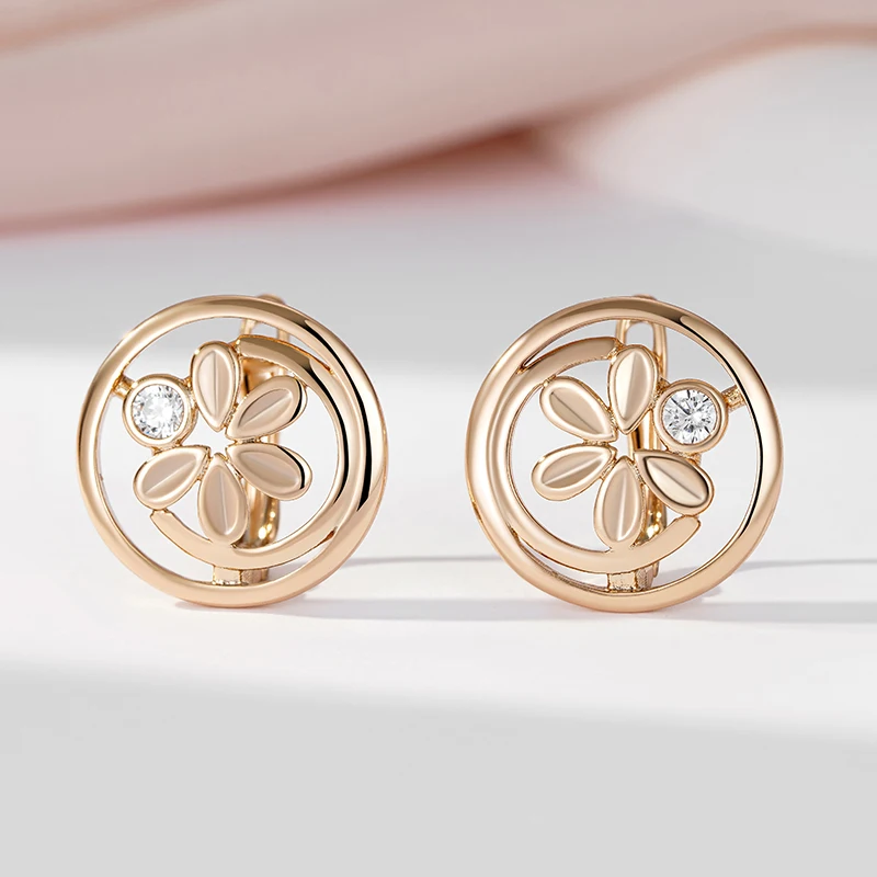 SYOUJYO Round Sculpted Earrings For Women 585 Rose Gold Color Fine Daily Jewelry Natural Zircon Setting