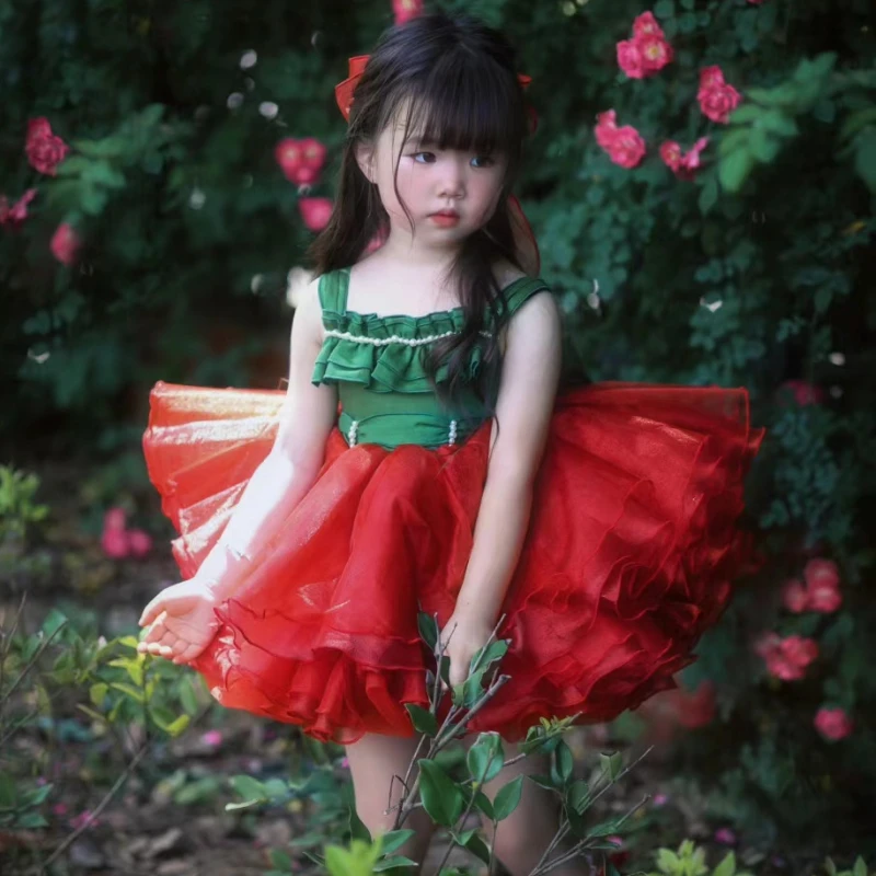 Handmade Girls Princess Flower Girls Dress Lolita boutique Red Carnation Dress Girls Thanksgiving Days Christmas Dress
