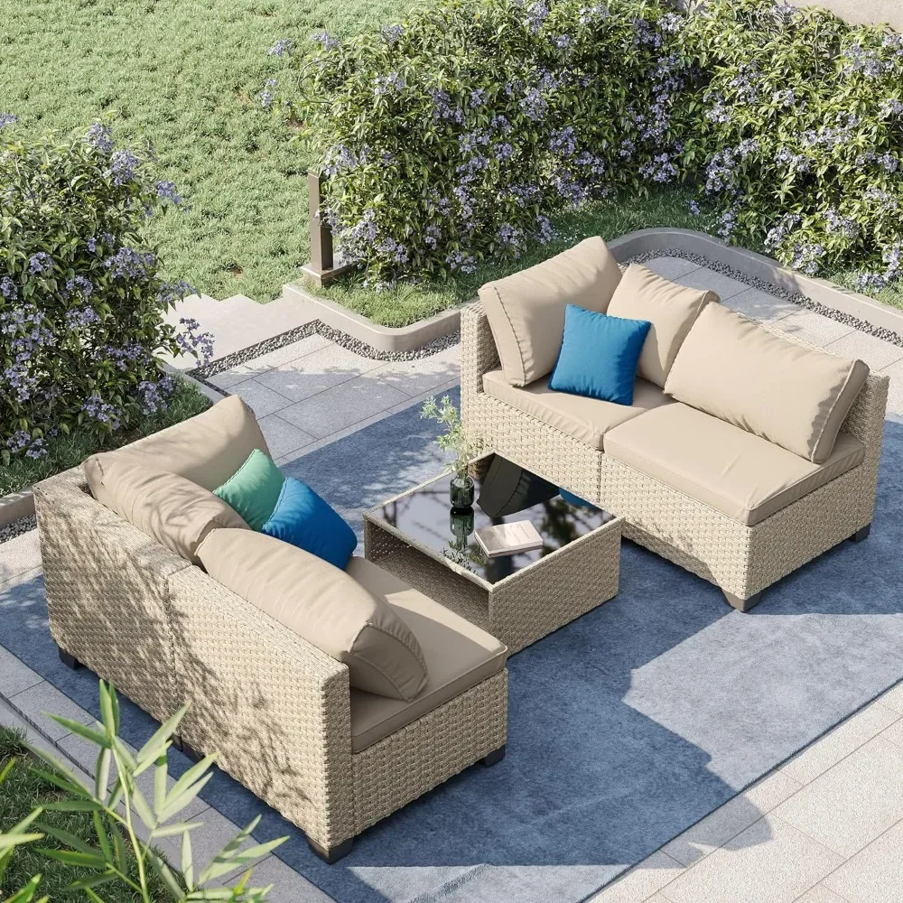 5-Piece Wicker Patio Furniture Set, Sectional Sofa With Water Resistant Beige Thick Cushions And Storage Table Beige