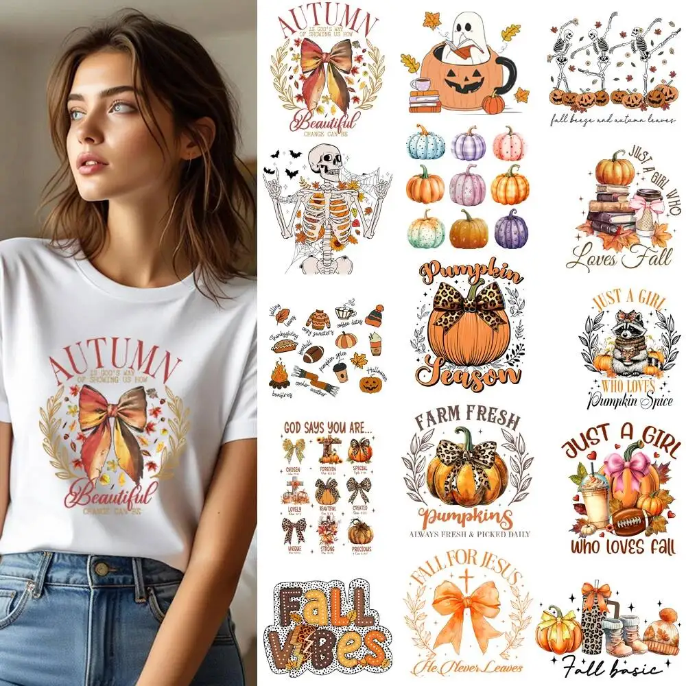 Fashion Autumn Pumpkin Bow Letter Transfer Patches For Clothes Applqiues DIY A-Level Washable T-shirts Iron-on Thermal Sticker
