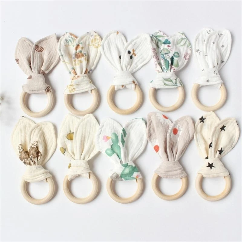 

J15U Rabbit Ears Baby Teether with Crinkle Cloth & Teething Rings Drools Absorbent Cloth Rabbit Ears Teething Toy for Baby