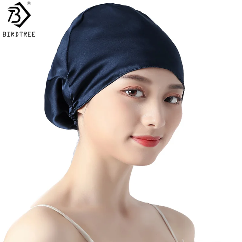 バードツリー、16mm-100-天然シルクターバンボンネット、女性用二重層ソリッドスリーピングナイトラップキャップ、巻き毛の女性用-a62902jf