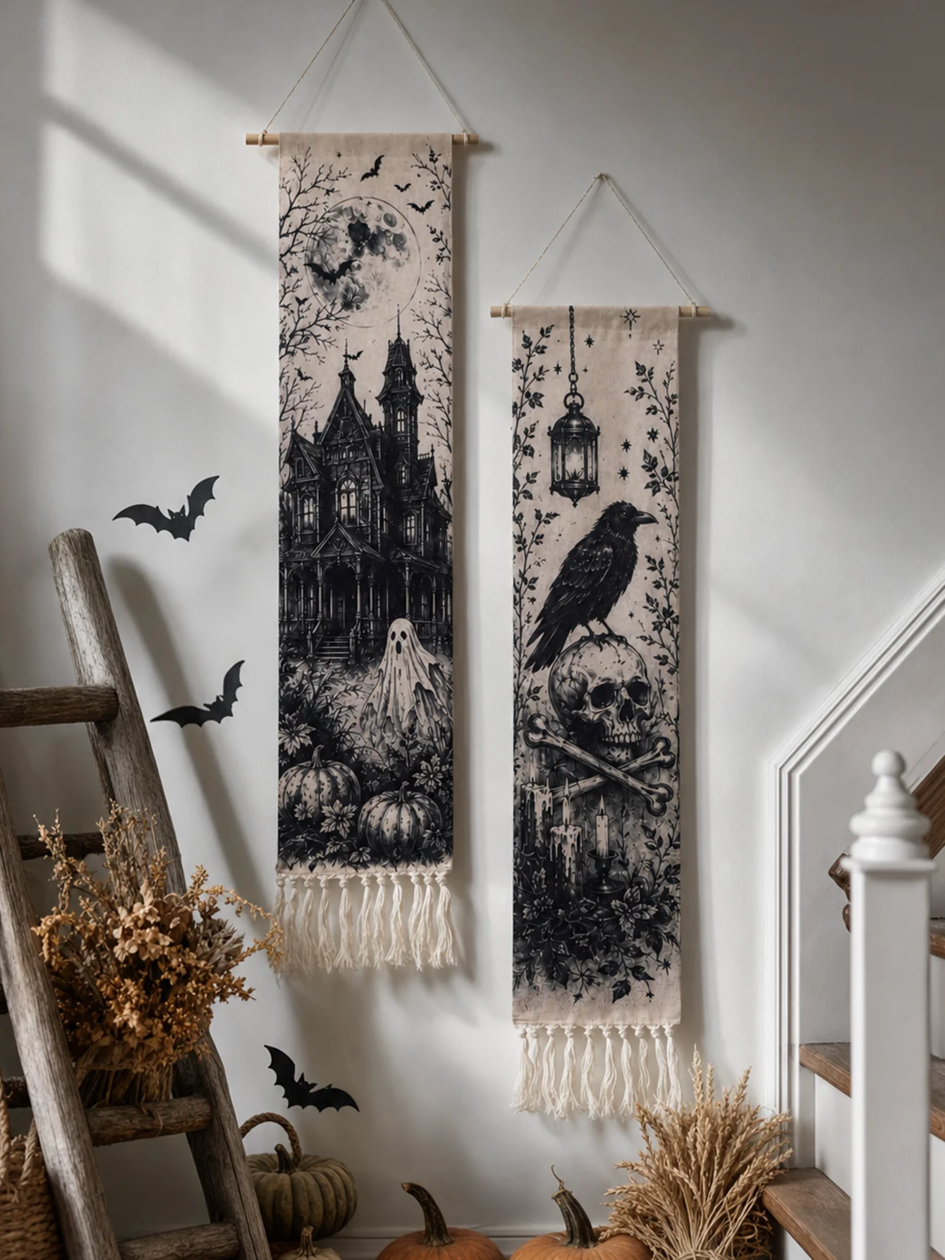 Halloween-Wandteppich mit Quasten, Gotische Hexe, Schwarze Katze, Krähe, Geisterhaus, Totenkopf-Druck, Vintage Grusel-Wandbehang Deko – Detail 4