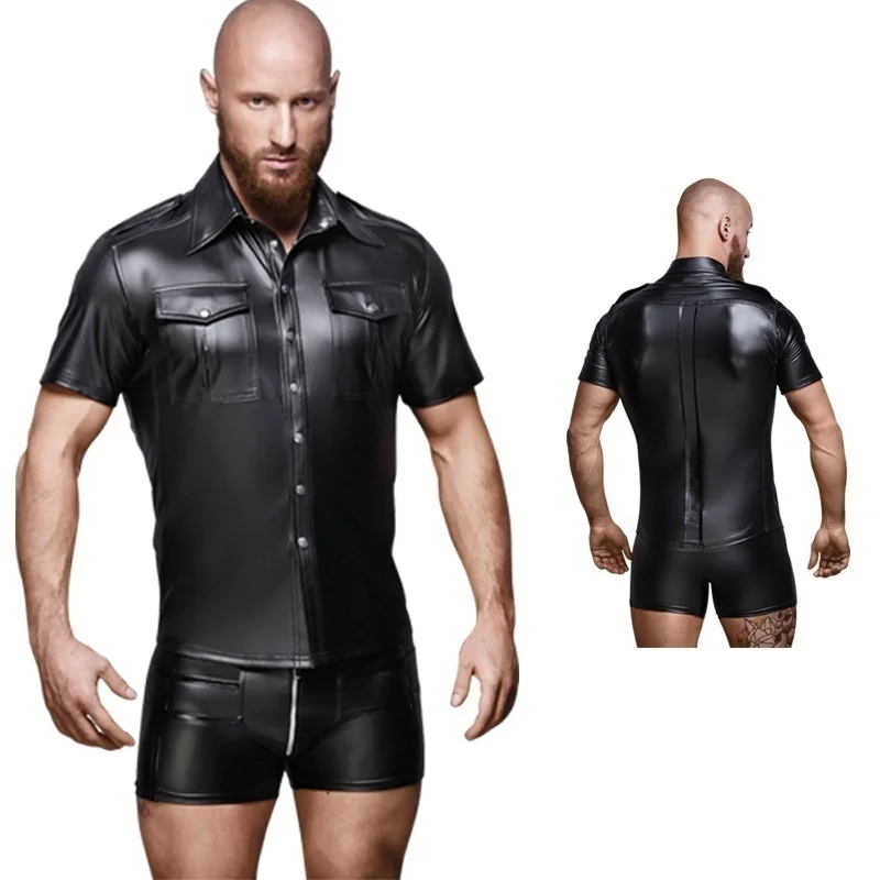 Wetlook Black Leather Shirts for Men Policeman Costumes PU Leather Male COP Uniform Sexy Tops