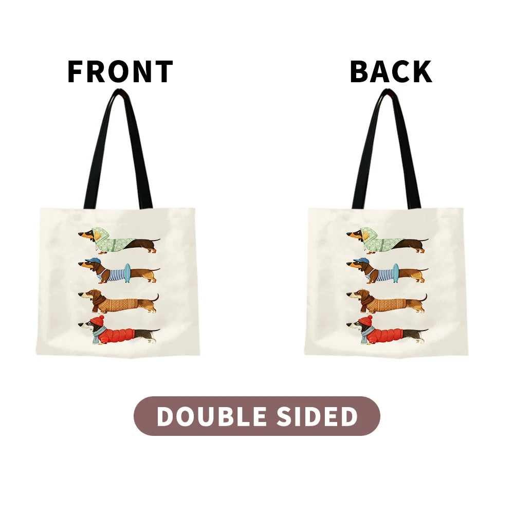 Cute Dressed Dachshund Canvas Tote Bag – Four Stylish Wiener Dogs Wearing Coats, Hats & Scarves Print, Eco-Friendly Cream Should