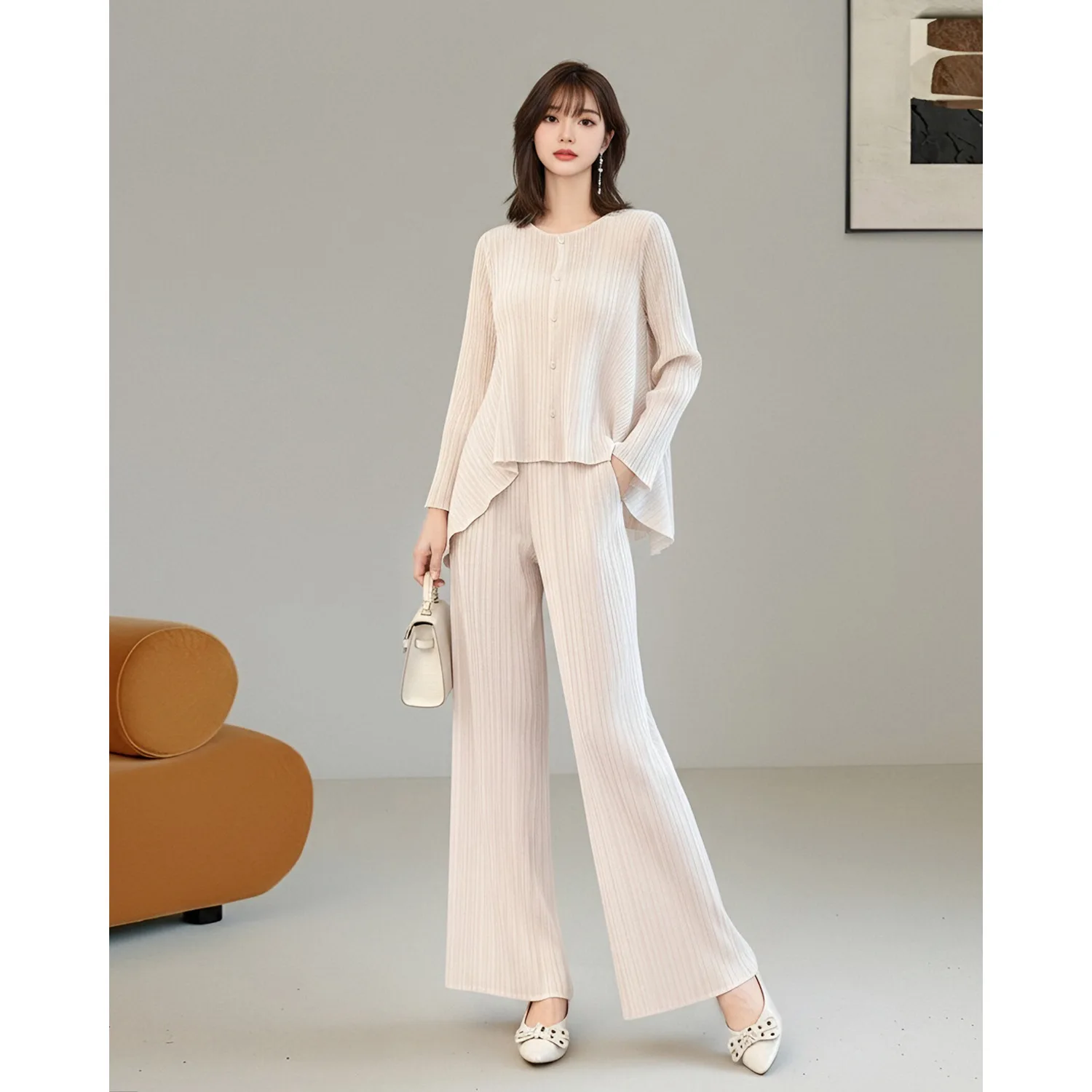 Miyake Pleated 2‑Piece Outfit Women Round Neck Irregular Hem Button Cardigan Wide Leg Pants Long‑Sleeve Elegant Casual Suit Set