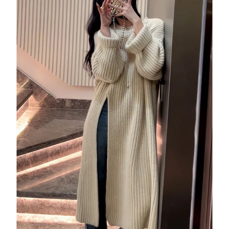 

Korean casual loose O-neck solid long sleeved Chic Split knit dress women's autumn/winter Sweater Dresses New Long pullover