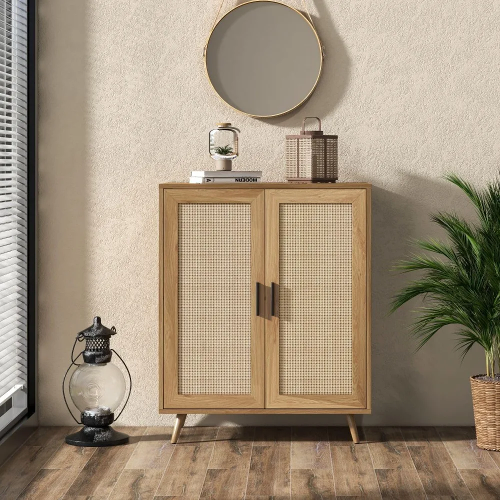 

Buffet Cabinet with Storage, Storage Cabinet Rattan Decor Doors, Accent Cabinet with Solid Pine Wood Feet, Sideboard