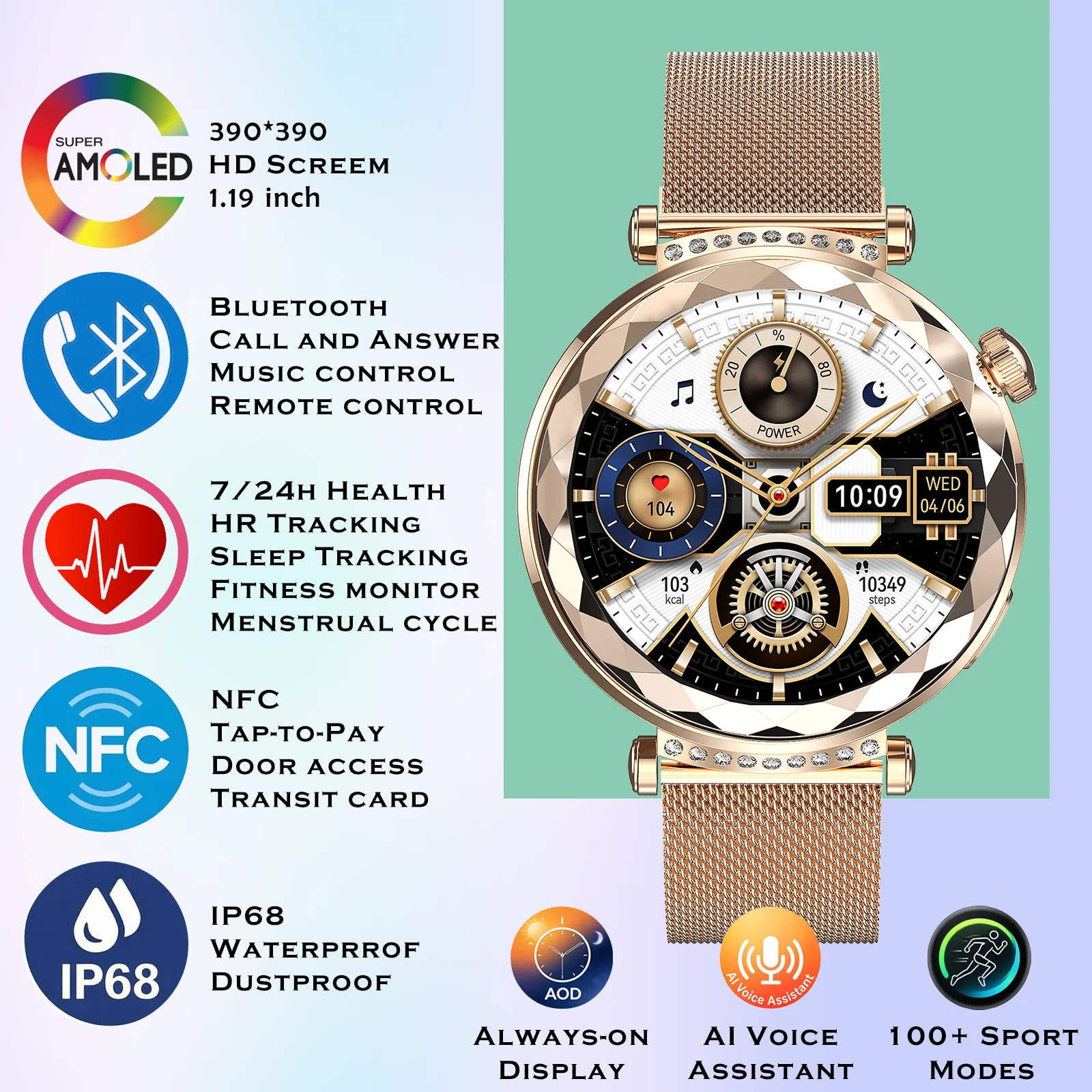 Modische Damen-Smartwatch mit NFC, Herzfrequenzmessung, Sport- und Fitness-Tracking, wasserdicht, Bluetooth-Anruffunktion, 1,19" AMOLED-Display, Musikwiedergabe