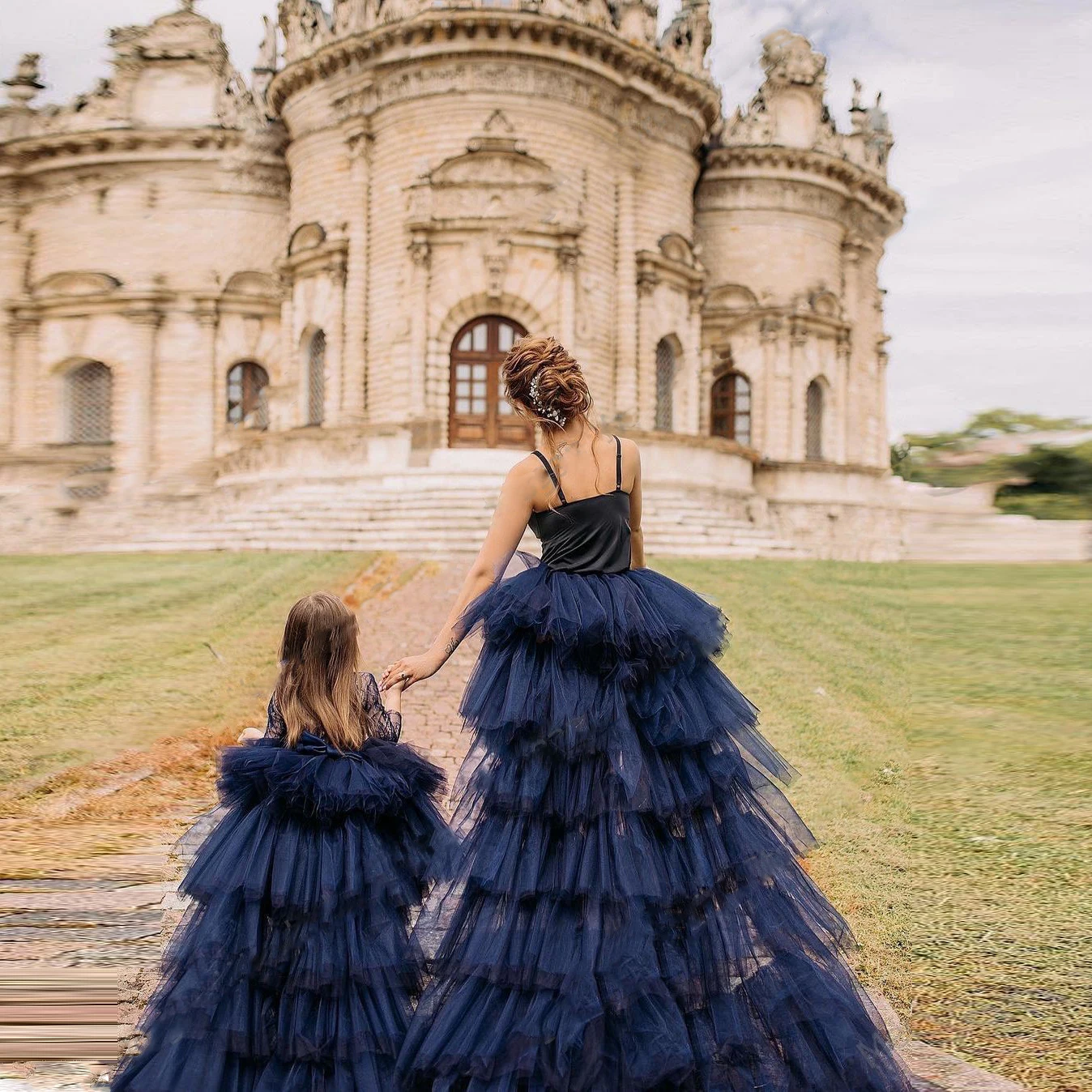 Photography Women Skirts Navy Blue High Low Ruffle Maxi Floor-Length Custom Made Lush Party Skirts Adult Layered