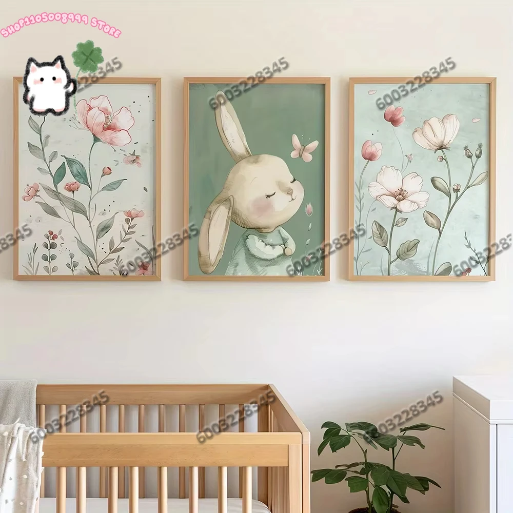 3 Stück rahmenlose skurrile Kaninchen-Blumen-Leinwanddruck-Poster, niedlicher Hase, Schmetterling, Kunstdrucke, Wohnzimmer, Wandkunst, Heimdekoration