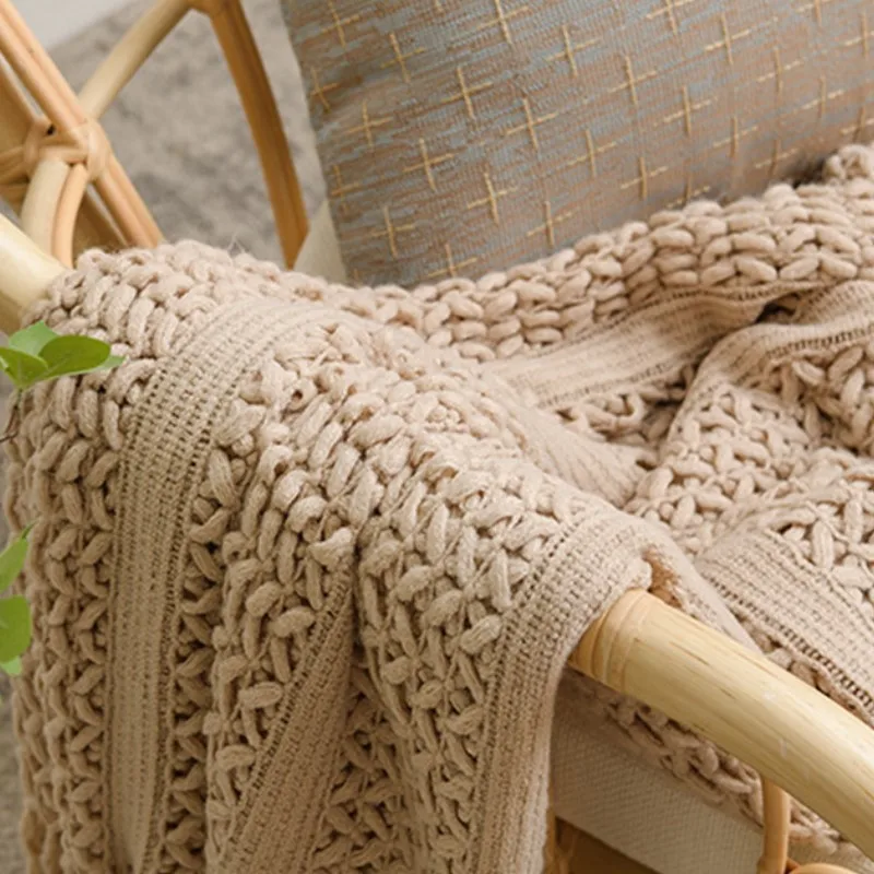 Nordic Crocheted Khaki Blanket with Tassels Travel Sofa Bed Throw Air Conditioner Hollow Plaid Blanket for Drop Shipping view 3