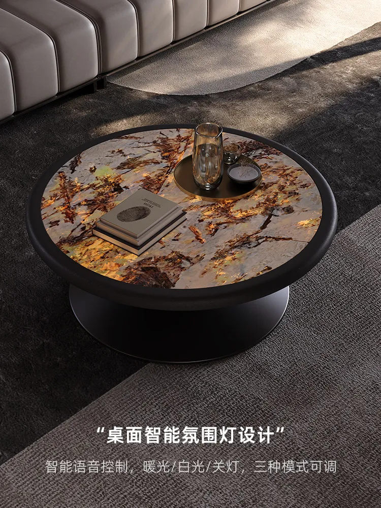 Solid wood round photoelectric luminous luxury stone high-end coffee table modern simple small apartment living room home