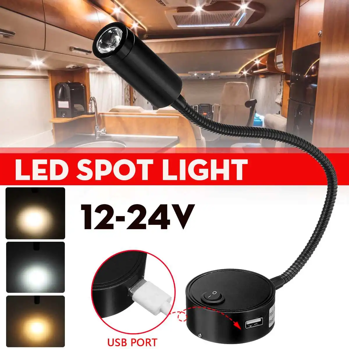 Luz LED de lectura para barco, lámpara de pared con cuello de cisne Flexible y regulable, CC de 12V y 24V, para camión, autocaravana, yate, cabina con puerto de carga USB