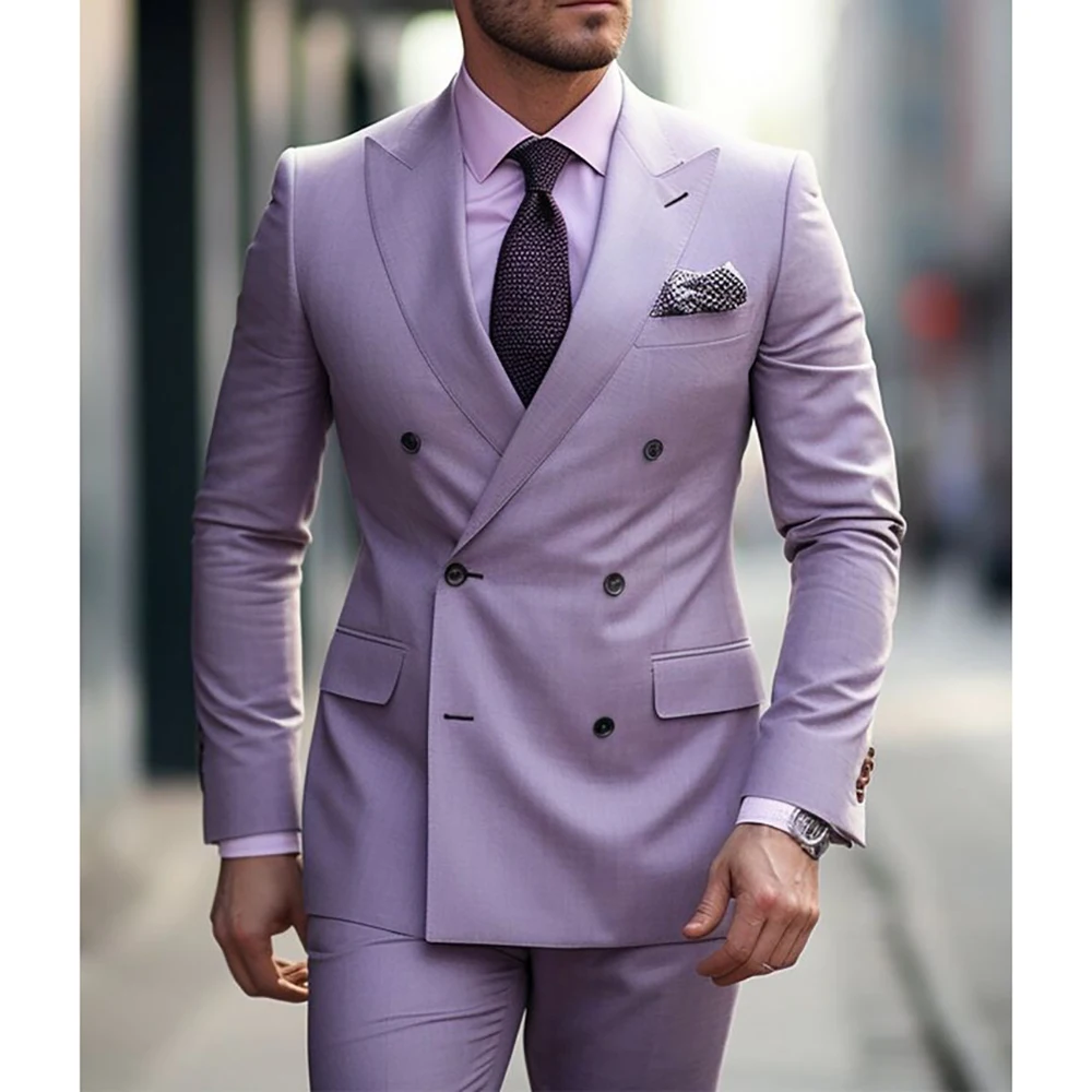 Elegant Purple Men\'s Suits Double Breasted Peak Lapel Formal Wedding Prom Party Outfits 2 Piece Jacket Pants Set Custom Made