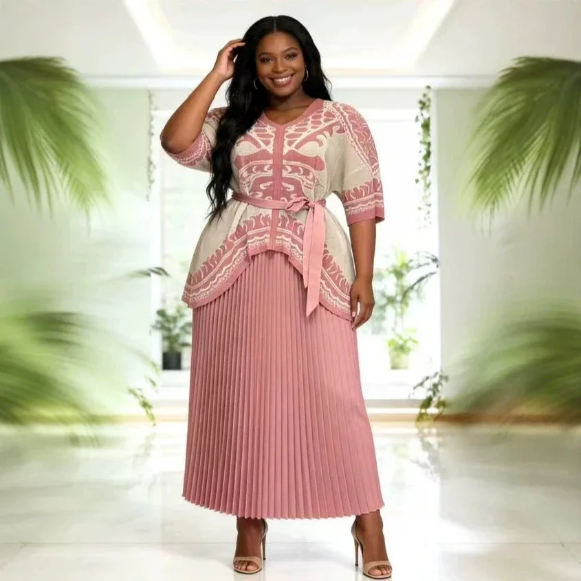 

2026 African Miyake Pleated Printing Set Retro Loose V-neck Summer New Women's Two-piece Set