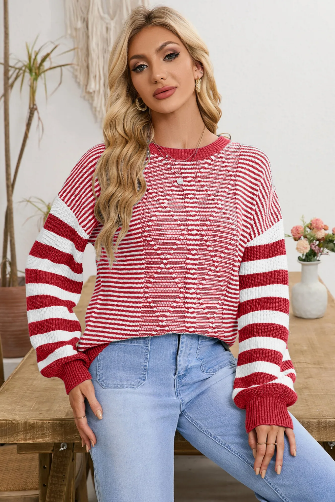 Damen Casual Gestreifter Strickpullover Rot-Weiß Rundhals Raglanärmel Kurzer Pullover aus Weichem Dehnbarem Material