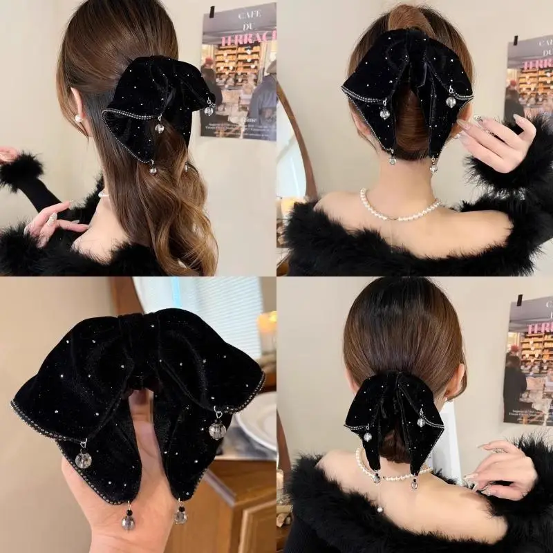 

French Elegant Velvet Hair Claw, Rhinestone Bow Ponytail Clip for Women, Exquisite & Strong Grip, Evening or Daily Wear