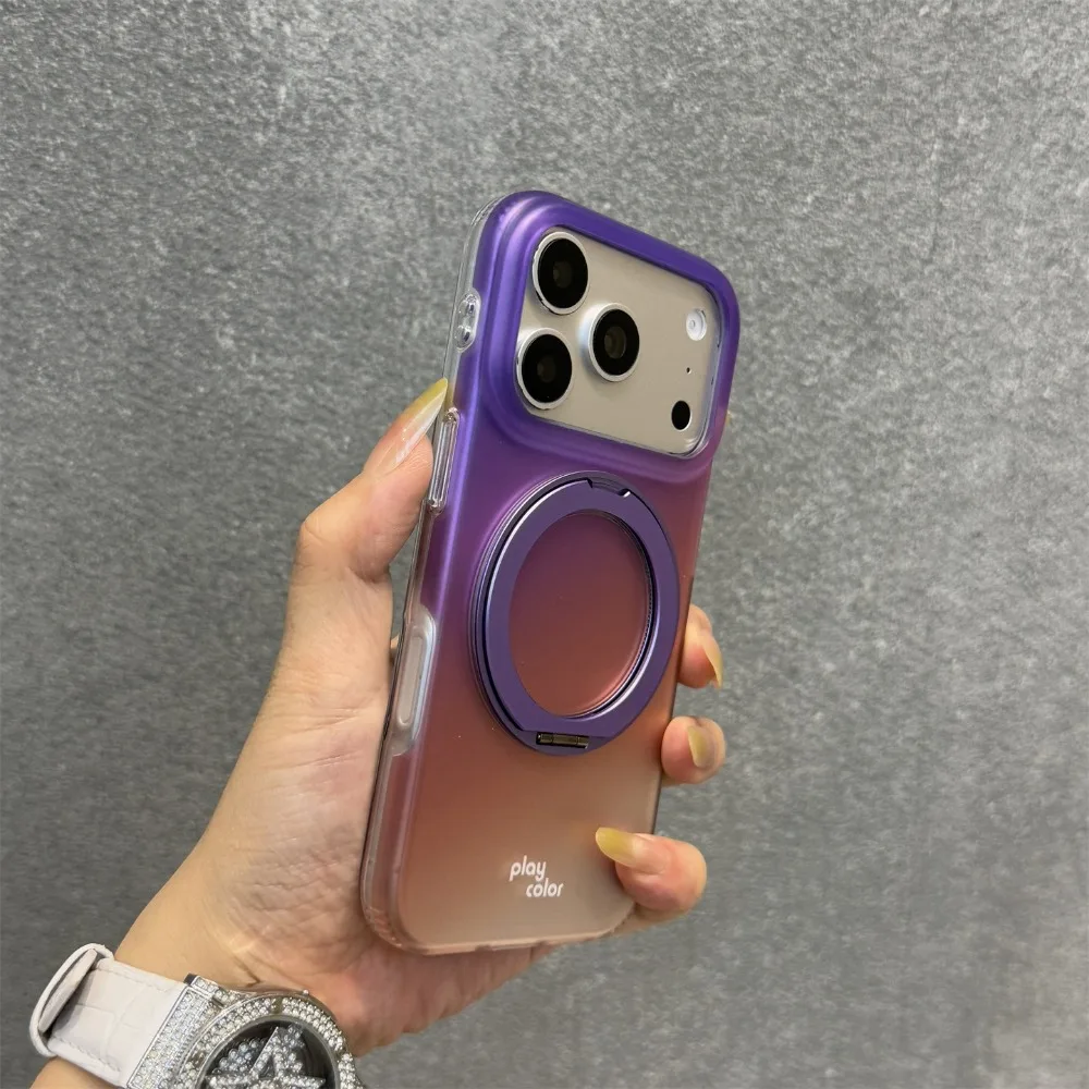

For iPhone 17 Pro Max Case Gradient Pink Green Matte Silver Stand Shockproof IMD Cover Compatible with iPhone 16 15 14 13