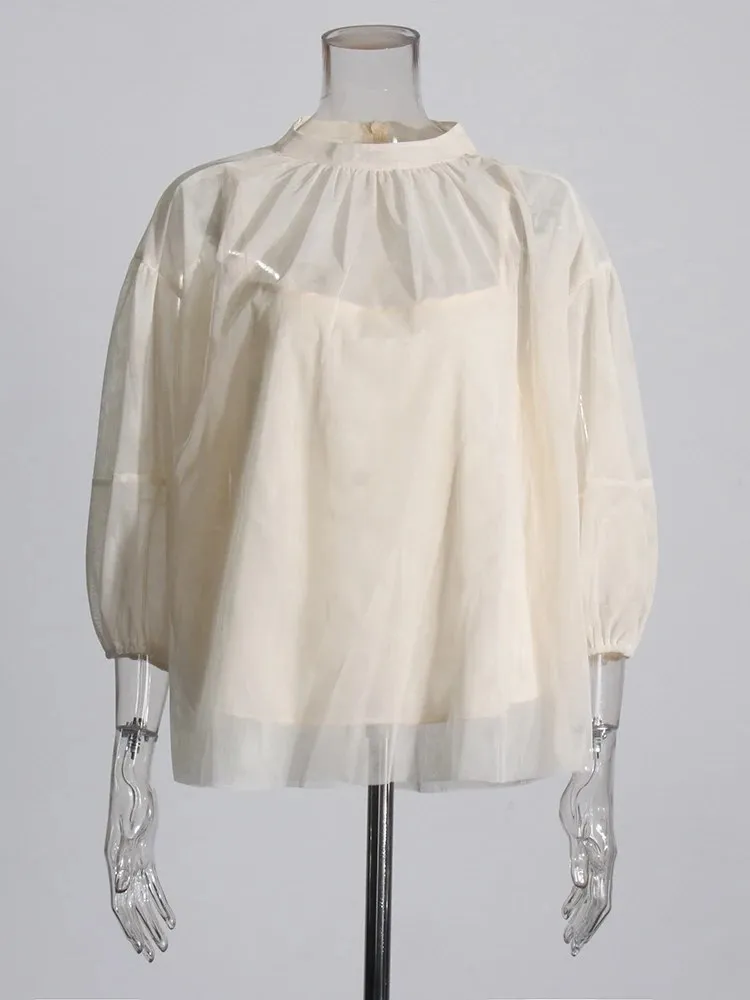 ECR Casual Patchwork Sheer Mesh Blouses For Women Round Neck Long Sleeve Minimalist Solid Loose Shirts Female Spring Fashion New