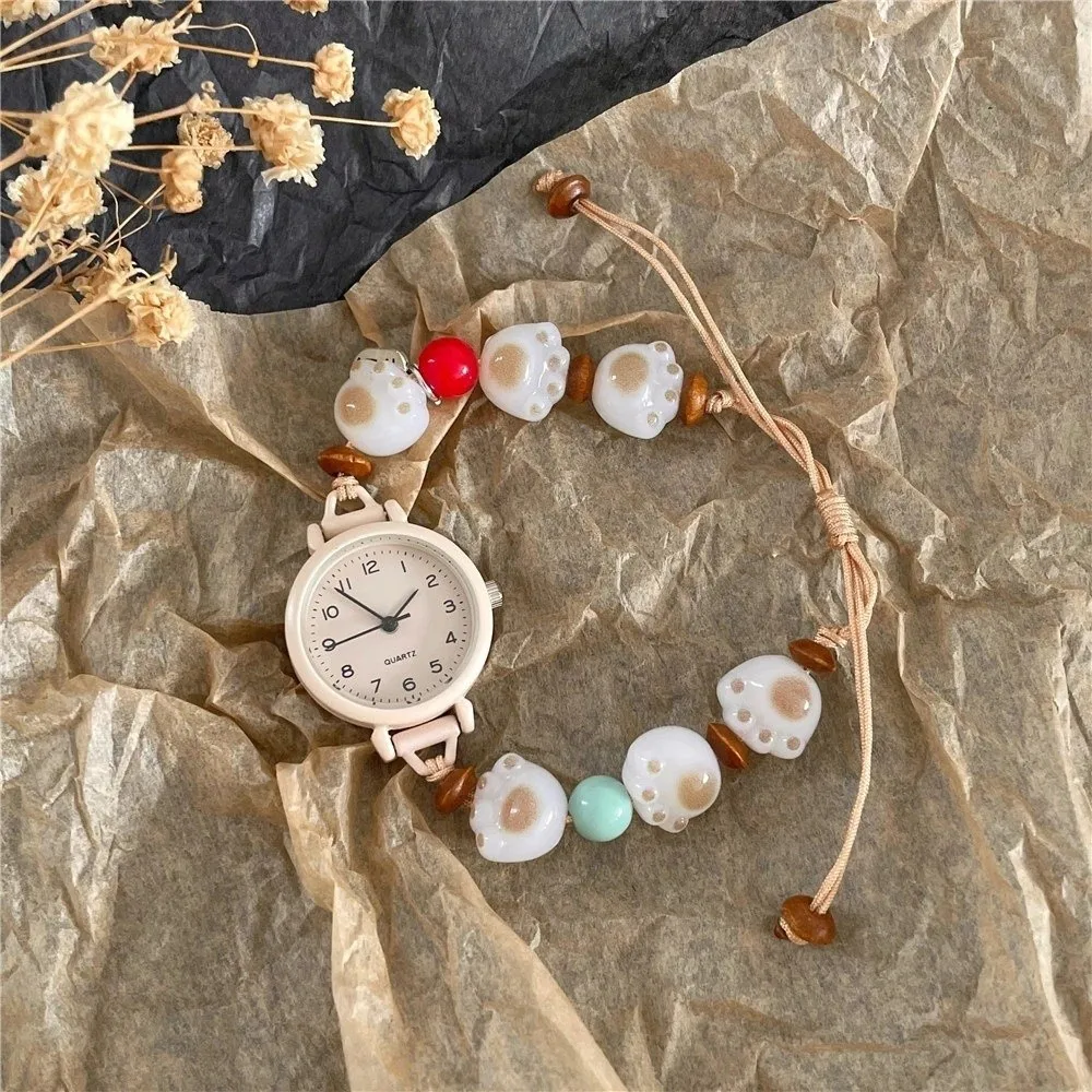 Cute Cat's Paw Bracelet Watch Handmade Beaded Chain Watch Adjustable Pendant Wristwatches Women Girls