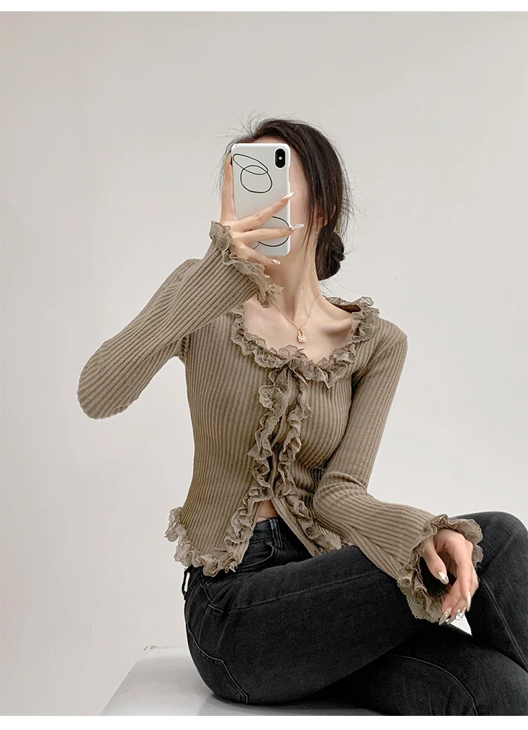 2026 Quadratischer Kragen Spitzenbesatz Langarm-Strickpullover Damen Retro Kurzer Stil Schlanke Oberteile Einreihige Strickjacke – Detail 18