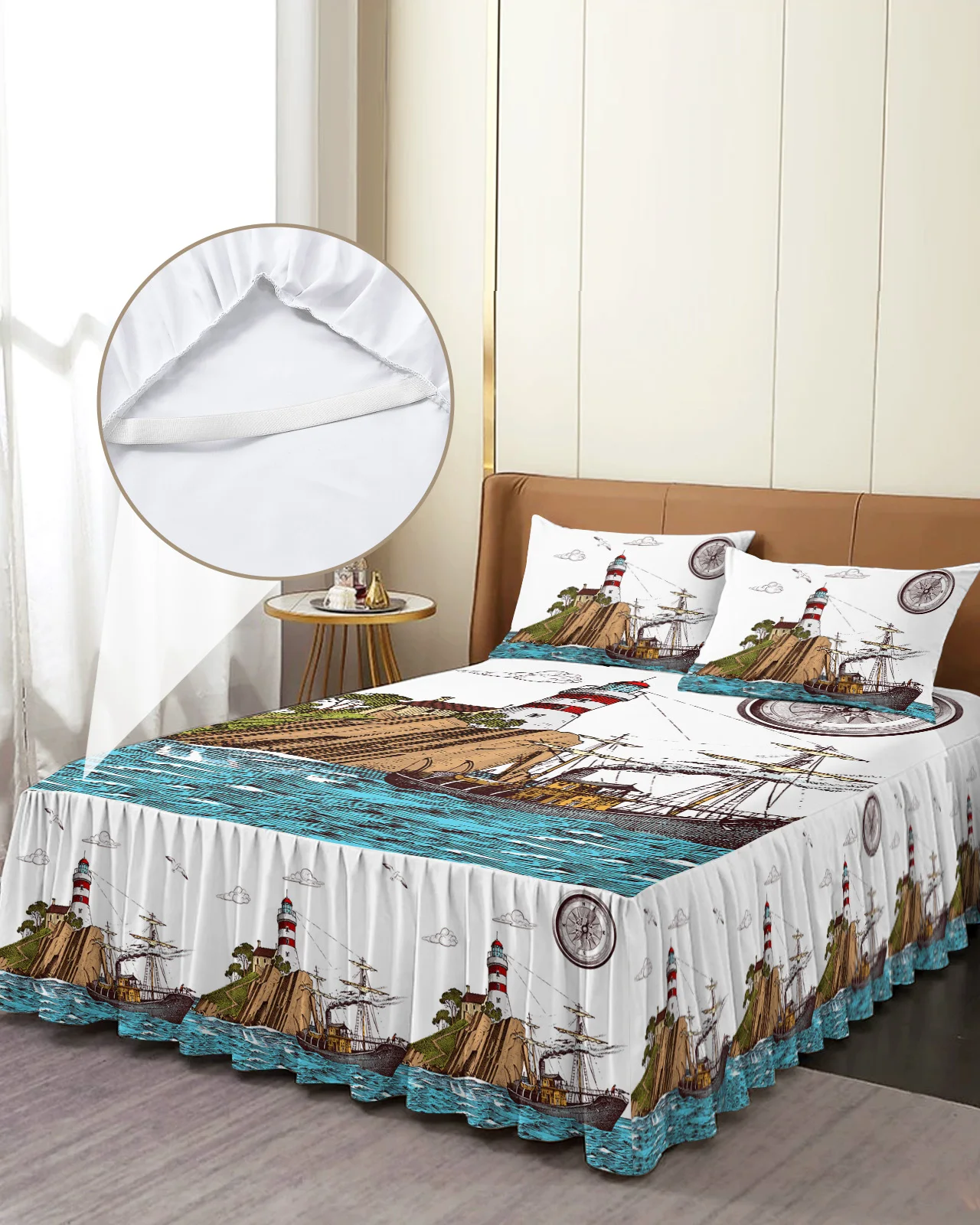 Retro Illustration Lighthouse Sailing Ship Bed Skirt Fitted Bedspread With Pillowcases Mattress Cover Bedding Set Bed Sheet