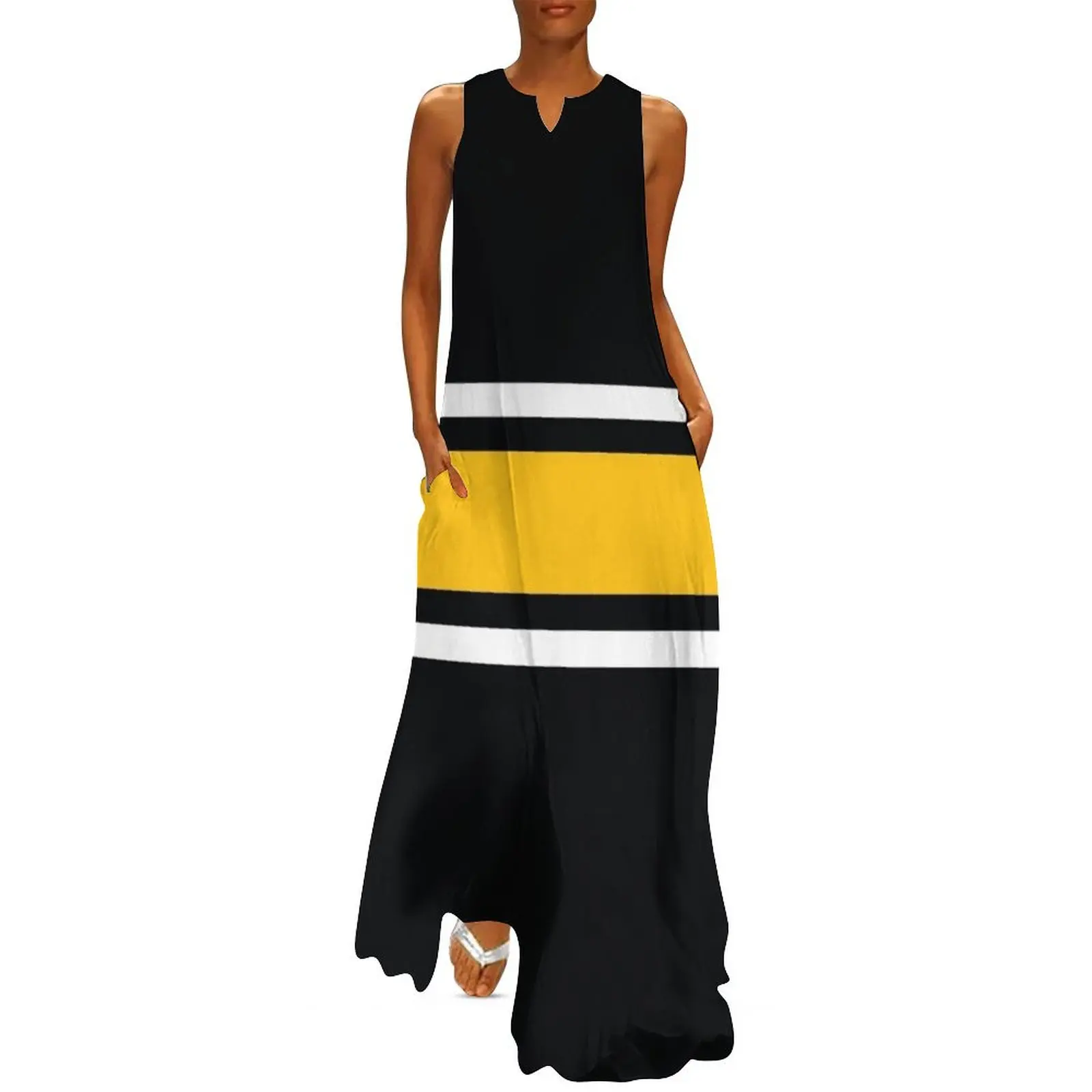

Black, White, & Yellow Power Stripe Long Dress Woman clothing Evening dresses Women dresses summer