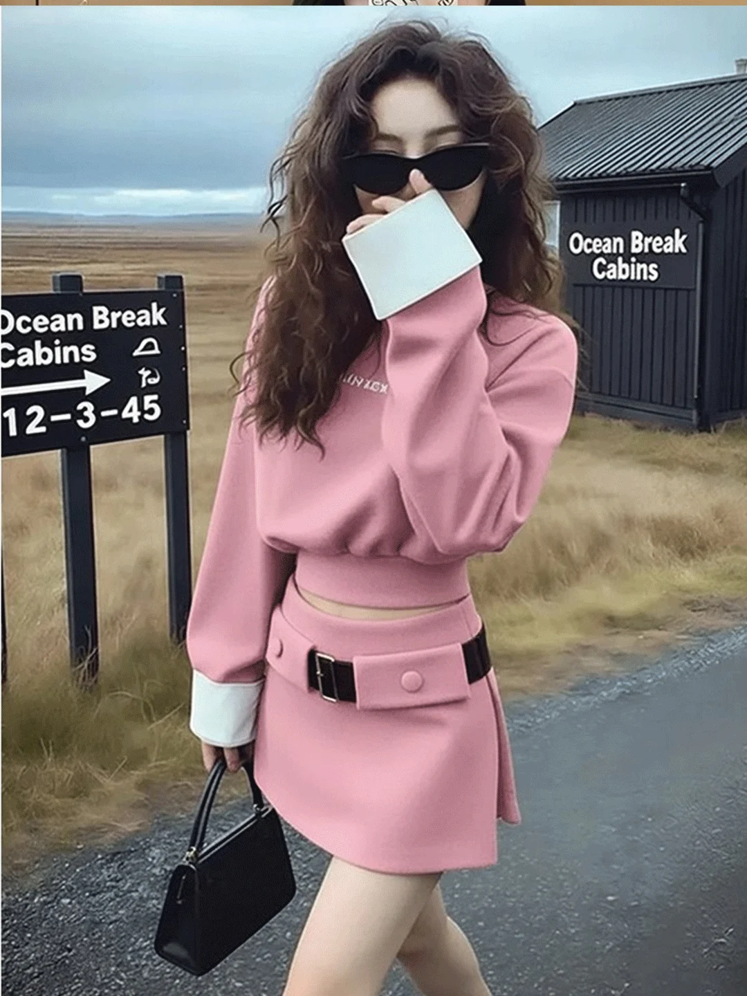 

Pink Winter Faion Set Korean Sle Rich Girl Inspired Agel OOTD ort Sve Long Skirt High Waist Breathable