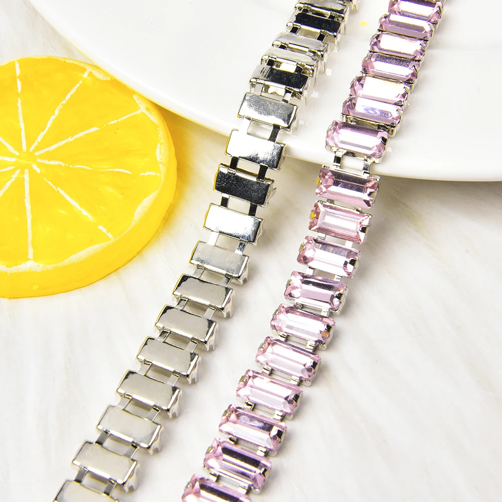 Handmade Colorful 5*10Mm Rhinestone Chain Sew On Rectangular Glass Crystal Trim Applique Metal Chain Clothing Accessories