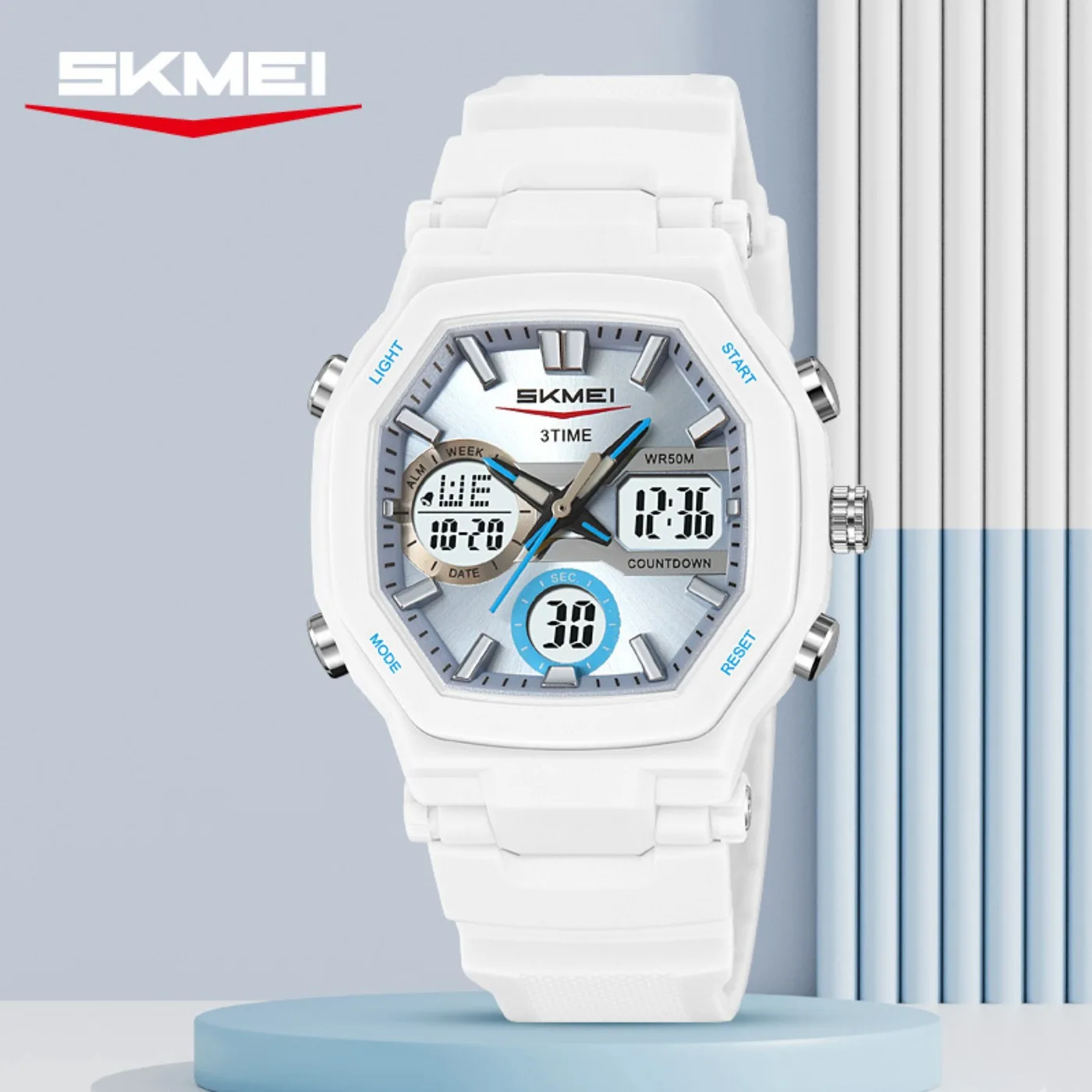 Relojes deportivos unisex con calendario, pantalla digital analógica, LED, resistente al agua, tres zonas horarias, reloj despertador de 12 y 24 horas, masculino